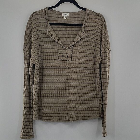 BKE Green Brown Eyelet Detail Long sleeve Top size Small - Picture 1 of 6